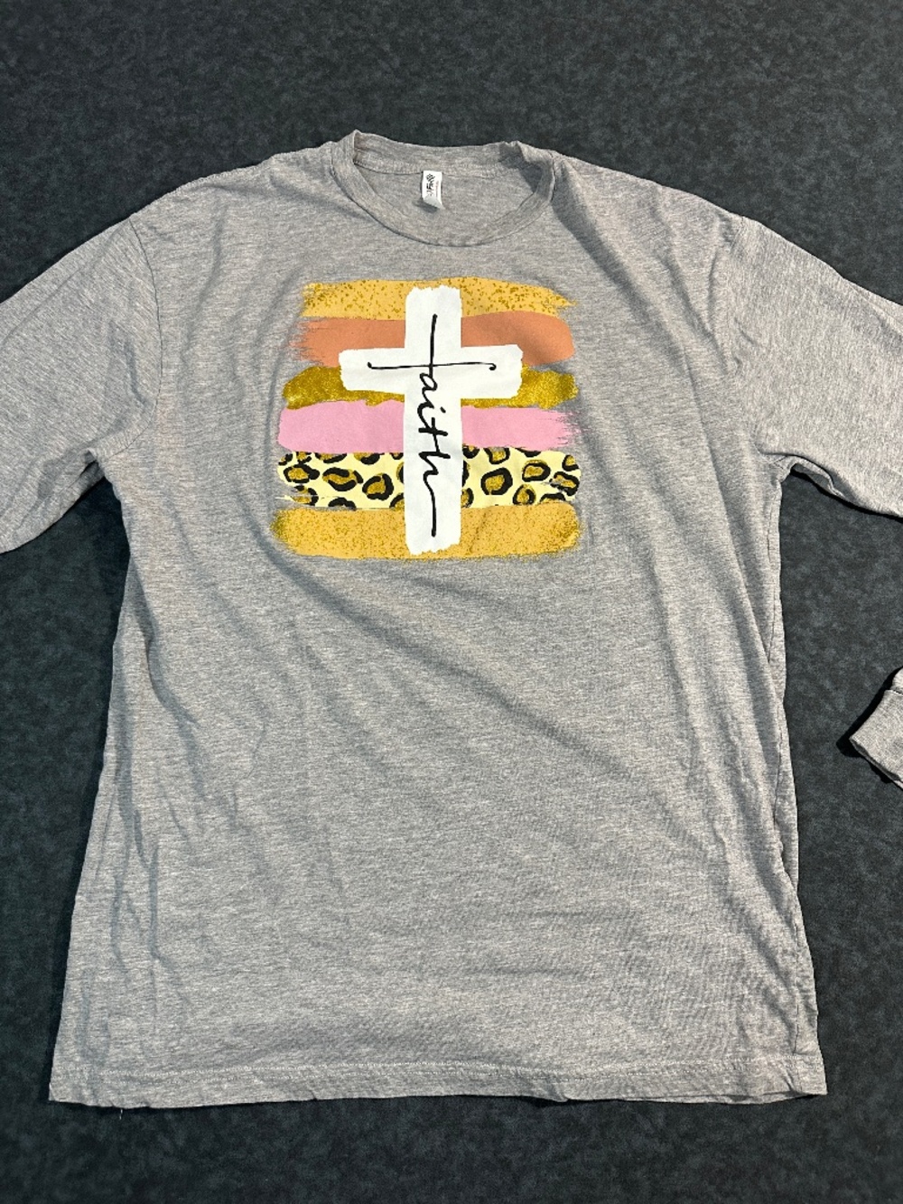 Love In Faith Cross Print Graphic Grey Long Sleeve T Shirt Size L